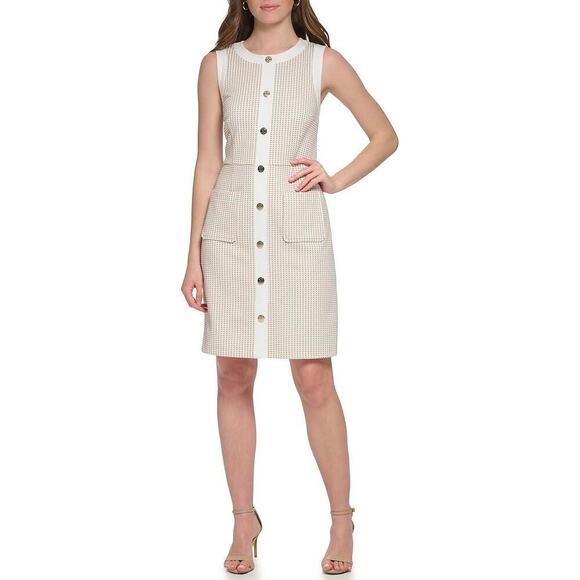 Tommy Hilfiger Faux Button Front Sheath Dress Size 14 Cream White Minimalist - Picture 1 of 11